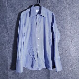 Ascot Chang Dress Shirt Mens L Blue Pinstripe French Cuff 100% Cotton Tailored
